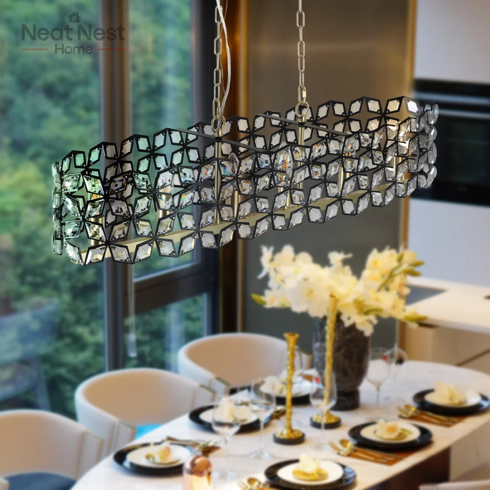 Contemporary Crystal Black and Gold Pendant Chandelier