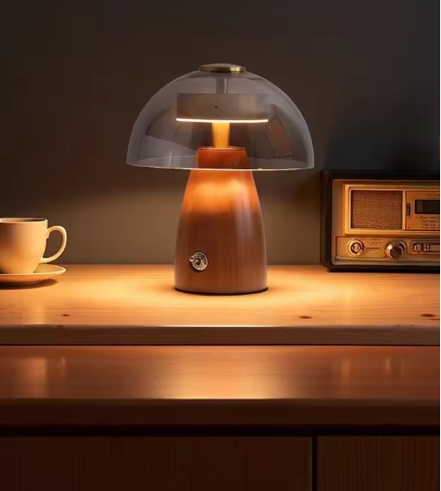 Glass and wood table lamp