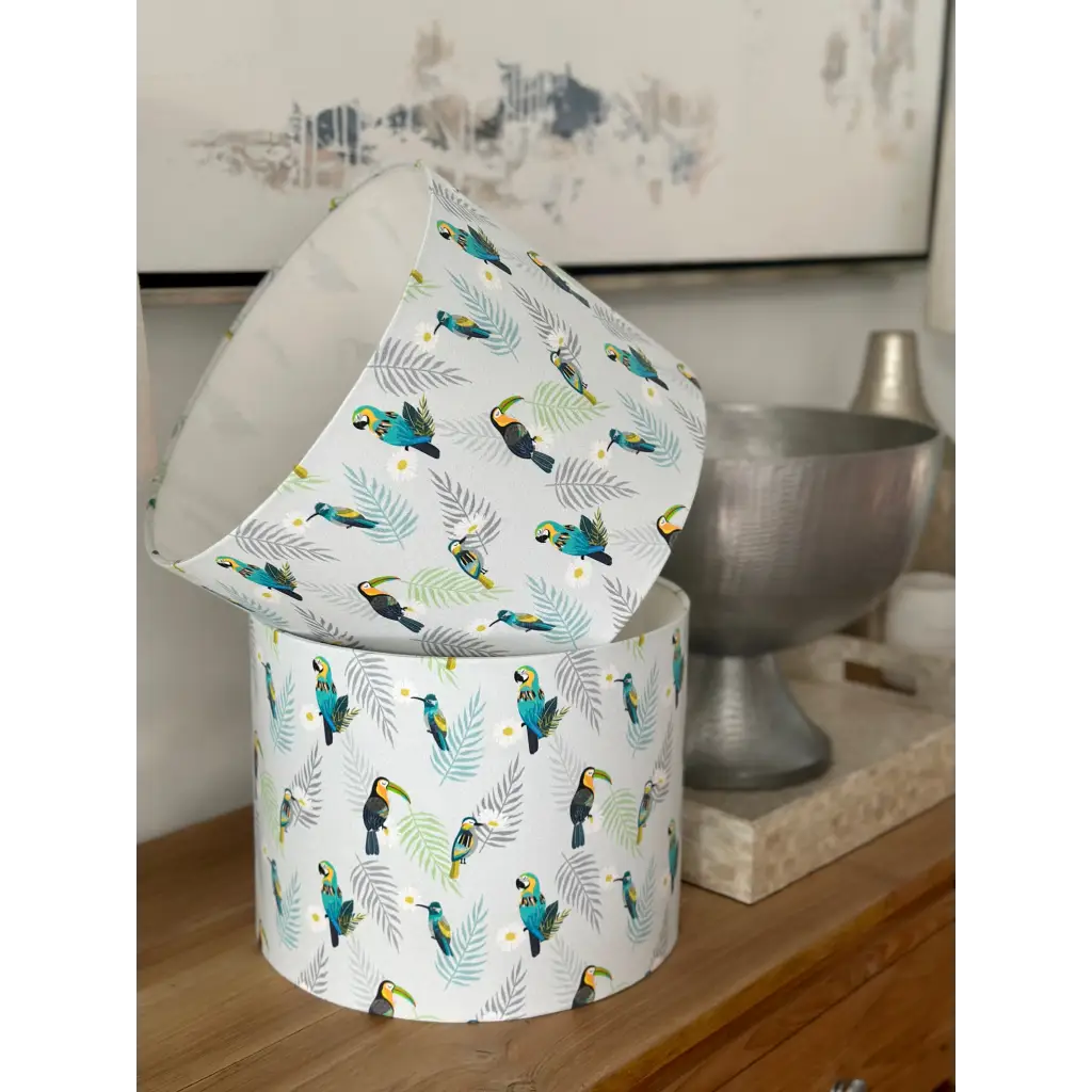 Handmade fabric lampshades Singapore in tropical birds and leaves design