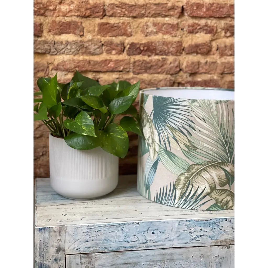 Handmade fabric lampshades Singapore in green and teal tropical leaf pattern
