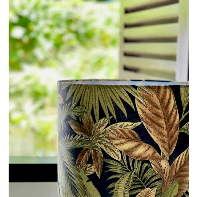 Handmade fabric lampshades Singapore in black and gold tropical pattern