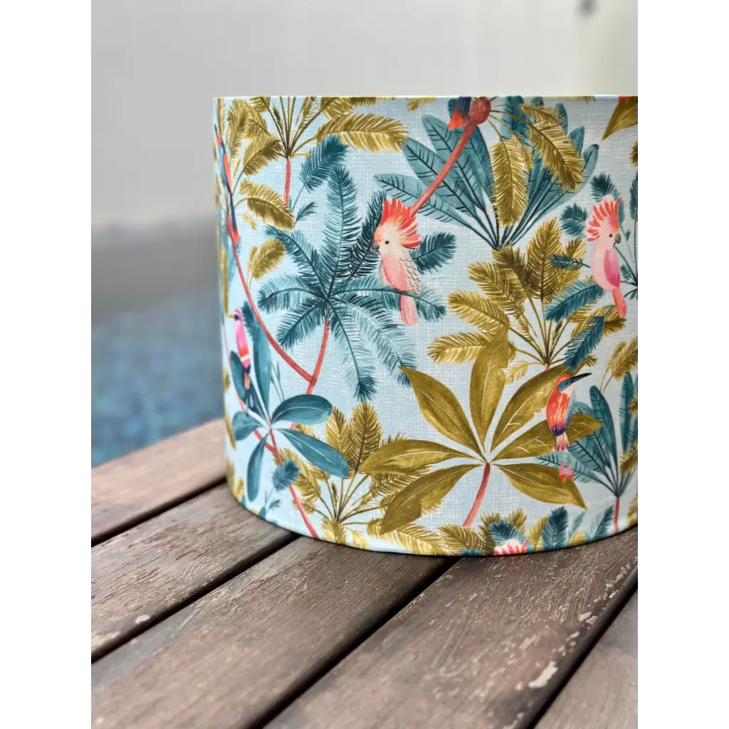 Handmade lampshades Singapore in pink and blue cockatoo design