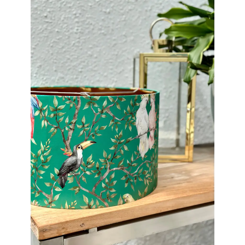 Handmade lampshades Singapore in green tropical satin design