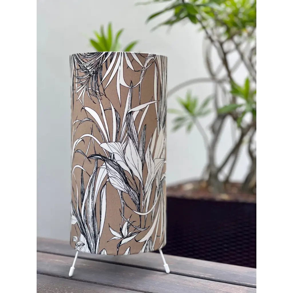 table lamp Singapore in brown fabric with leaf pattern