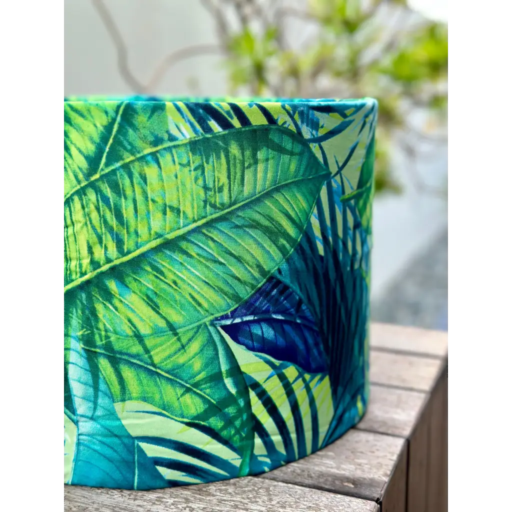 Handmade custom blue and green tropical fern leaf drum lampshade