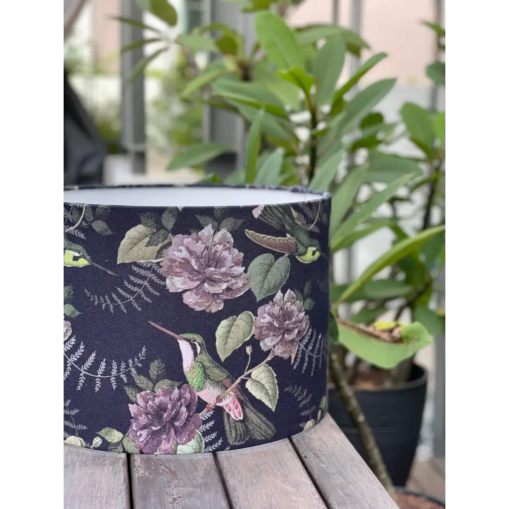 Handmade fabric lampshade Singapore in floral pattern with birds on dark blue