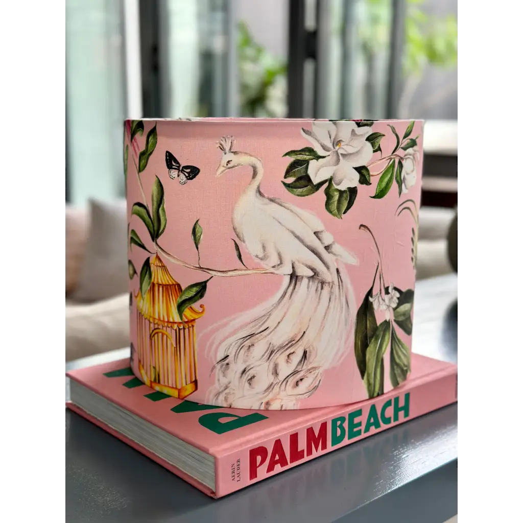 Handmade fabric lampshade Singapore with pink pea-hen design.
