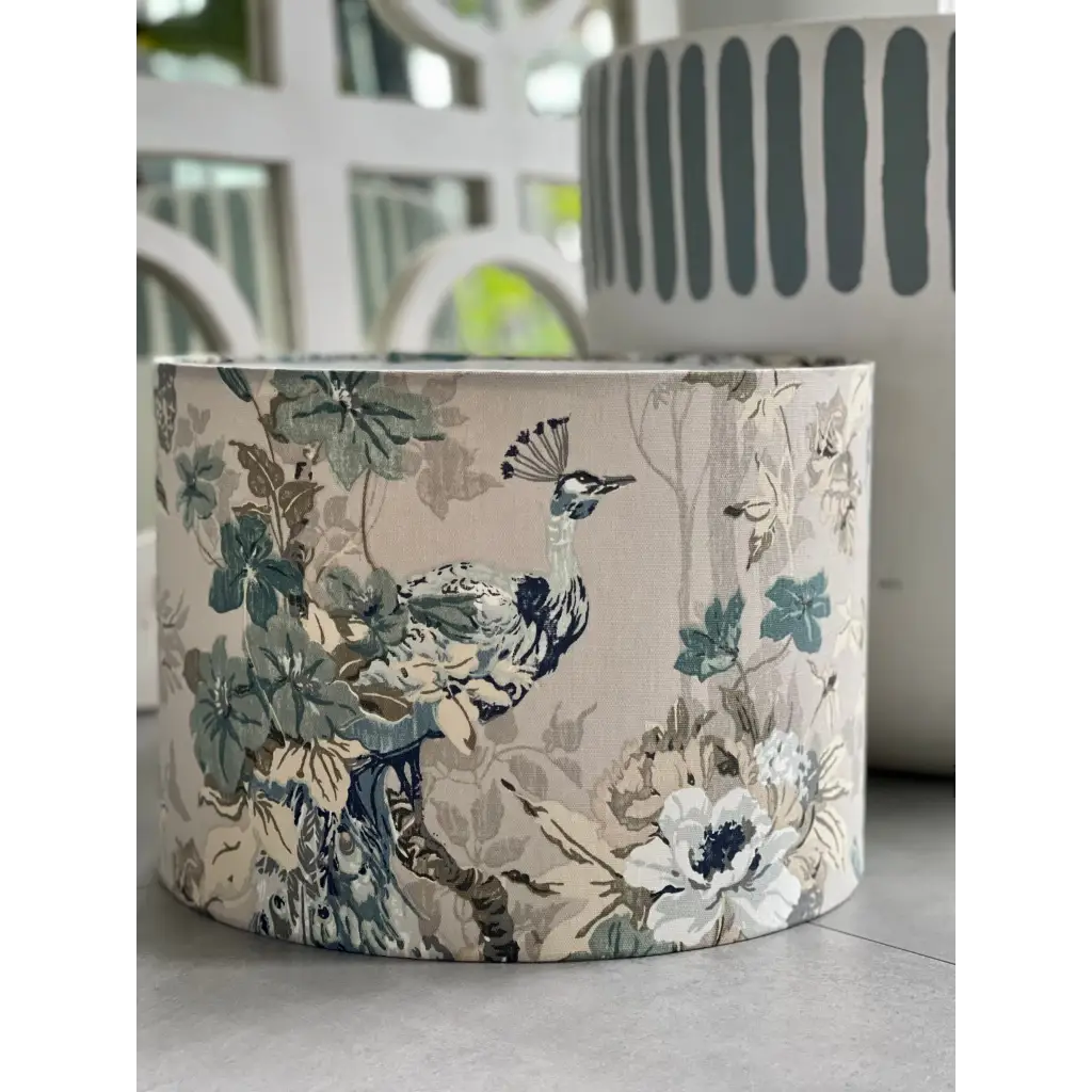 Handmade fabric lampshade Singapore with peacock design.