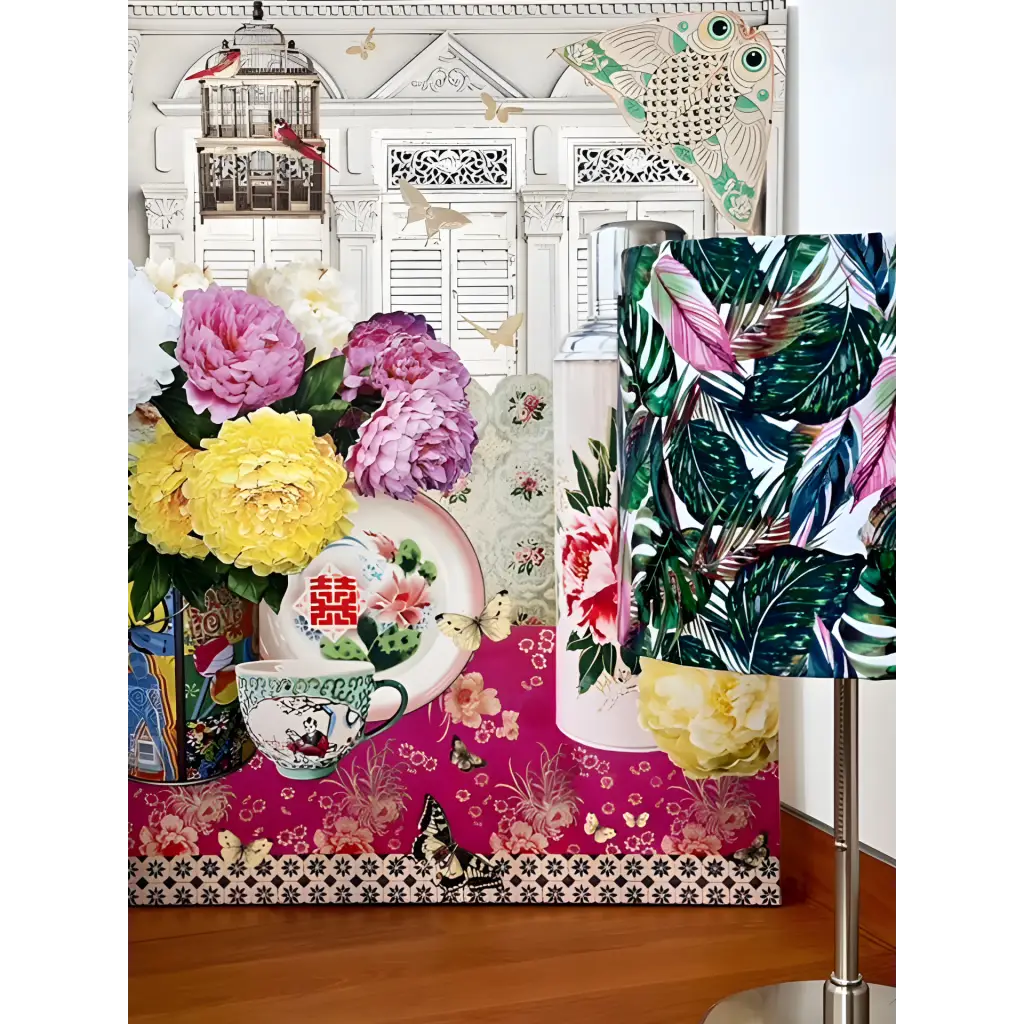 Handmade fabric lampshade Singapore with leafy pattern