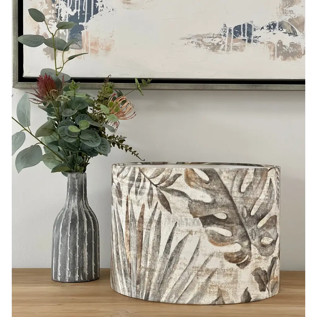 Beige fern drum lampshade with white UPVC lining