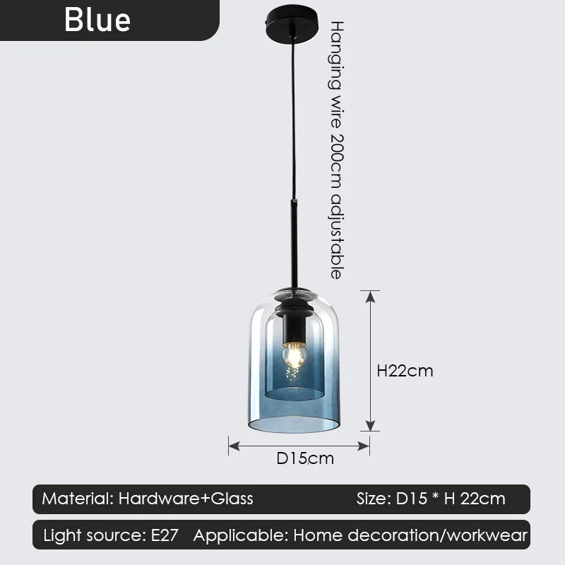 Pendant light with dimensions and specifications on a white background