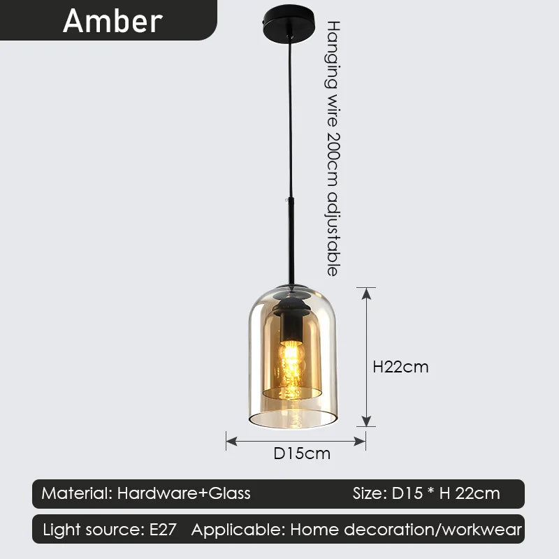 Glass pendant light with dimensions and specifications on a white background