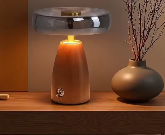 Glass and wood table lamp