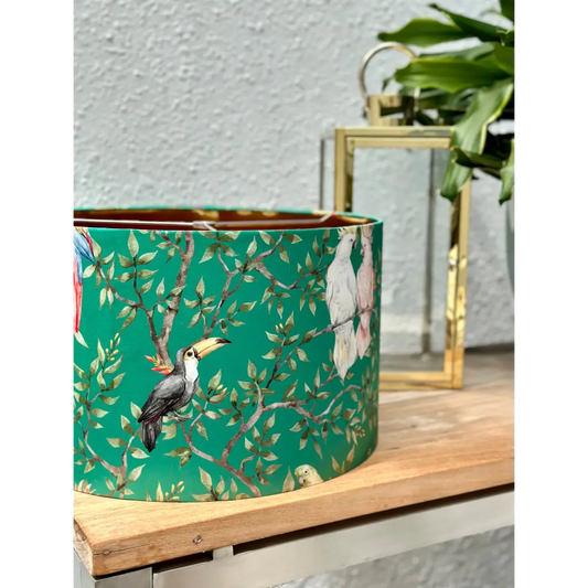 Handmade lampshades Singapore in green tropical satin design
