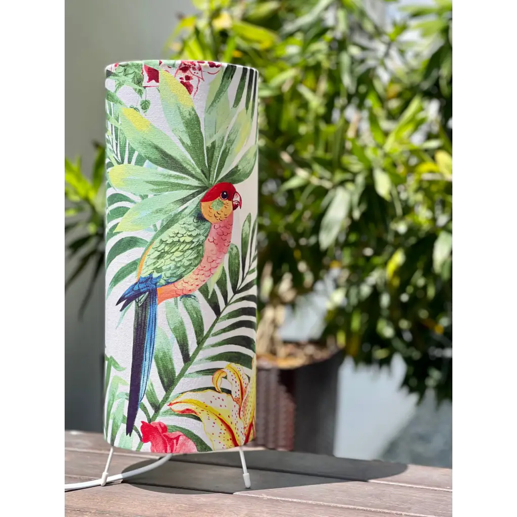 Free standing table lamp Singapore with fabric lamp shade in colorful tropical pattern