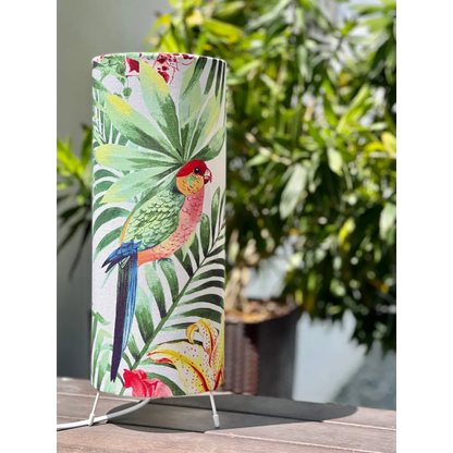 Free standing table lamp Singapore with fabric lamp shade in colorful tropical pattern