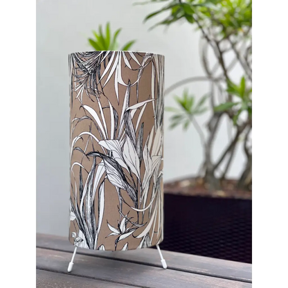 table lamp Singapore in brown fabric with leaf pattern
