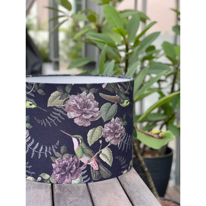 Handmade fabric lampshade Singapore in floral pattern with birds on dark blue