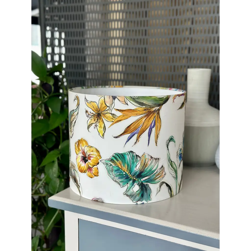 Handmade fabric lampshade Singapore in tropical print.