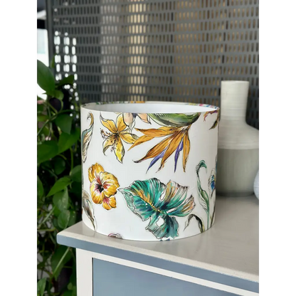 Handmade fabric lampshade Singapore in tropical print.