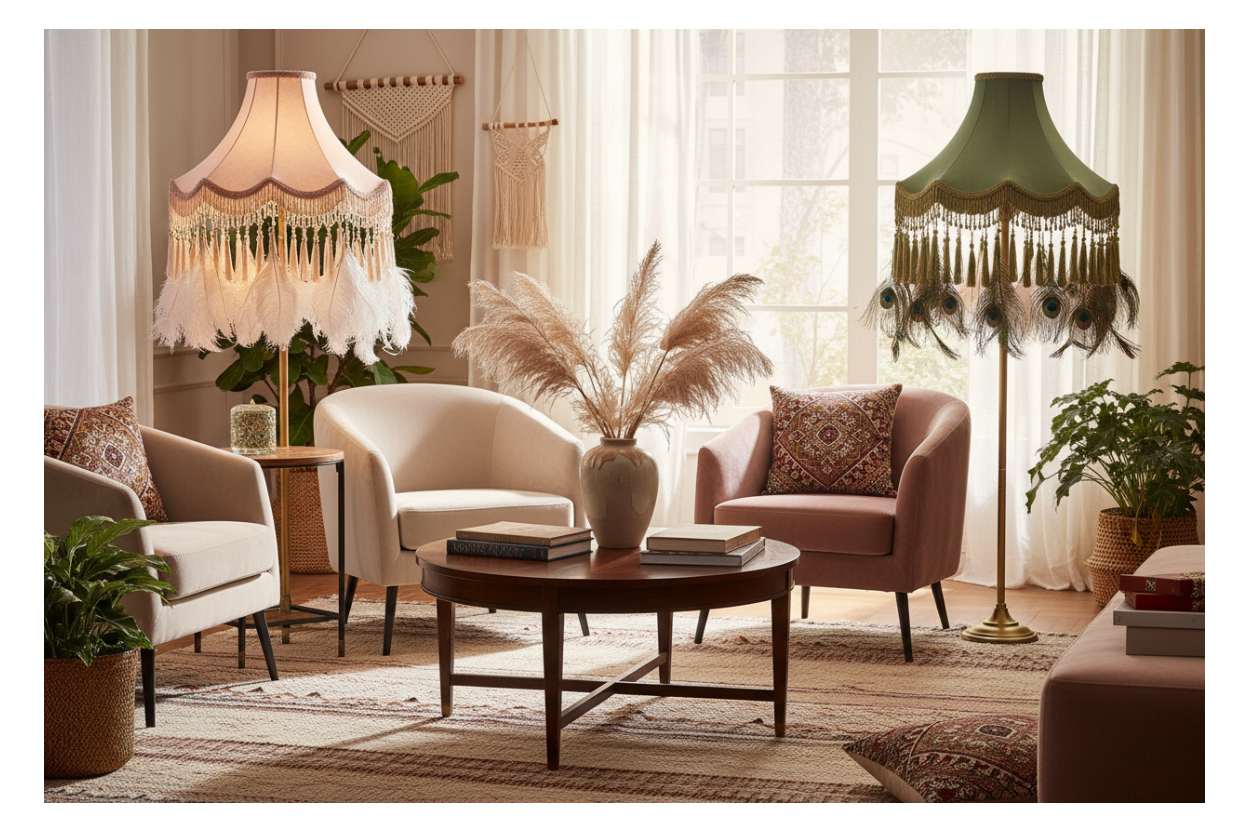 living room light pink and green lampshades with tassels and feathers