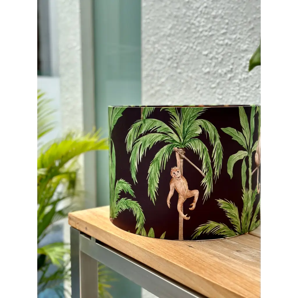 Handmade fabric lampshade Singapore with trees and monkey design.