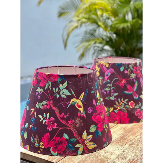 Handmade fabric lampshade Singapore with hummingbird design.