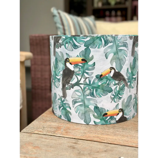 Handmade fabric lampshade Singapore with toucan design.