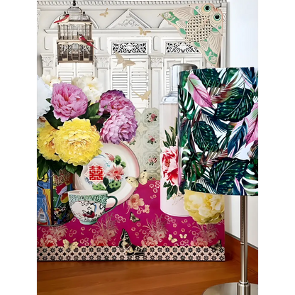 Handmade fabric lampshade Singapore with leafy pattern