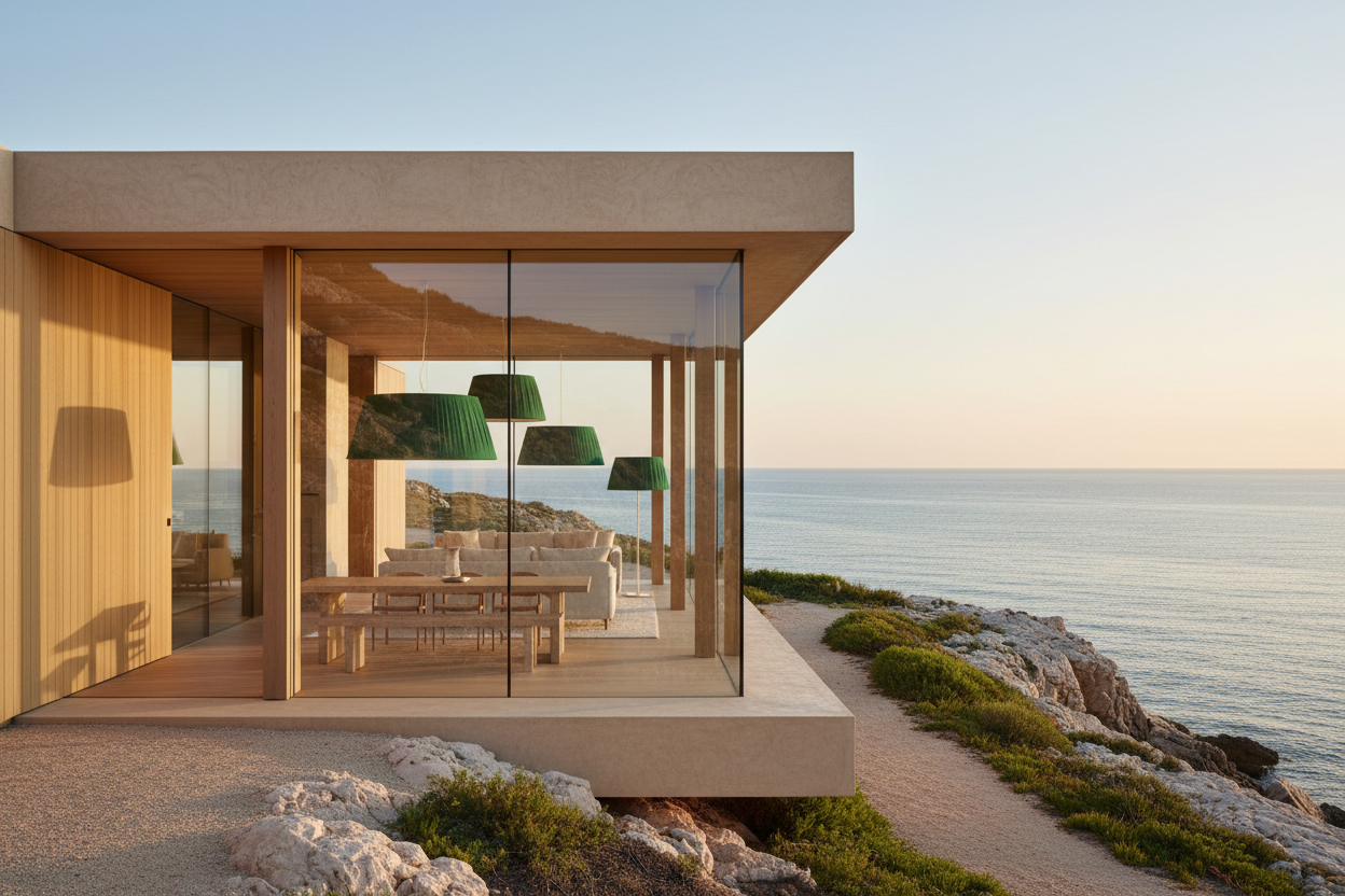 stunning modern beige home near the sea with green lampshades