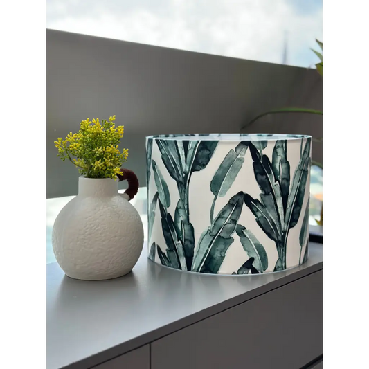 Handmade fabric lampshade Singapore with banana leaf design